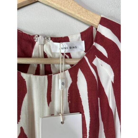 NWT Anine Bing Dahlia Zebra Drop Waist Pleated Skirt Red and Cream Midi Dress - Picture 4 of 9